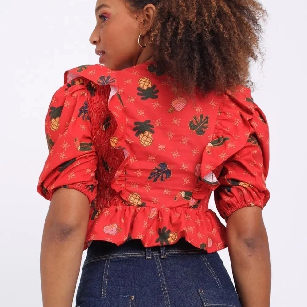 🍍 FARM Rio Red Tropical Print Ruffle Smocked Peplum Blouse (Size P / Small)